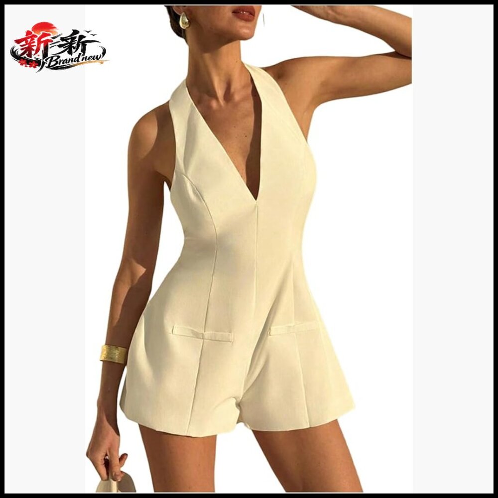 Backless Halter Jumpsuit Sleeveless Wide Leg Romper Going Out